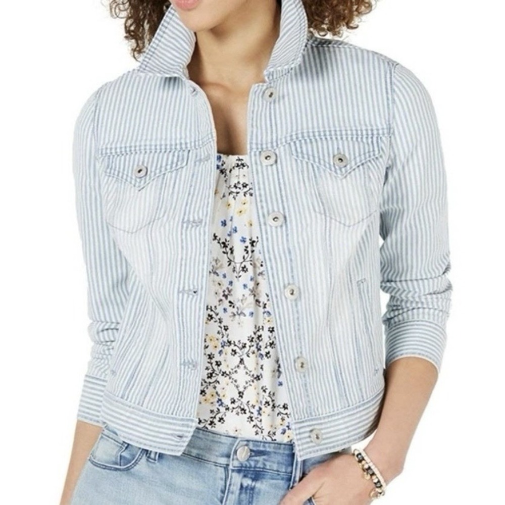 Style & Co Railroad Stripe Denim Jacket Womens Retro Blue White Retro Coat Sz M - Picture 5 of 10
